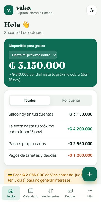 Pantalla de inicio con el disponible para gastar hasta el próximo cobro